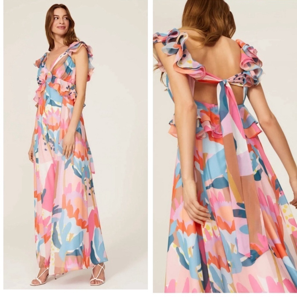 Hutch Multicolor Ruffle-Trim Maxi Dress — Pink, Blue, Coral, Cream